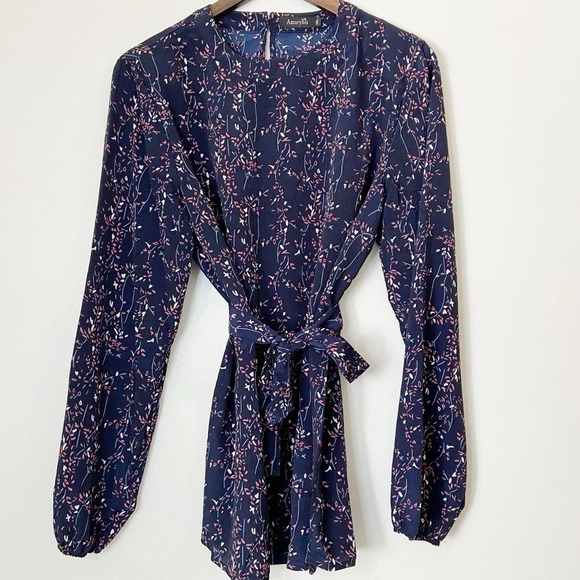 Amaryllis Tops - Floral Tunic Patterned Blouse Long Sleeve Top With Sash Size 1XL Tie Waist